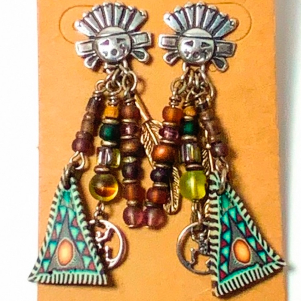Zuni Sun Face Mask 925 Dangle Post Beaded Earrings